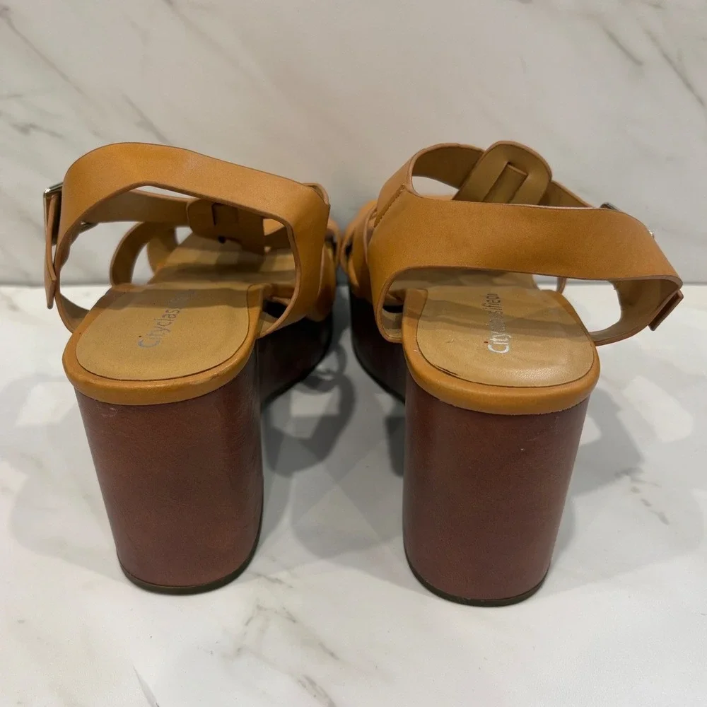 City Classified Wedge Sandals Women 7.5 Strappy Platform Vegan Leather Wood Heel
